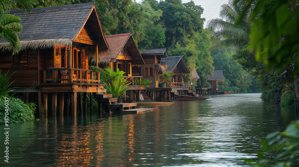 Fototapeta premium Beautiful image of traditional Thai wooden stilt houses surrounded by lush greenery, set amidst a peaceful and beautiful body of water, a characteristic of many secluded resorts in Thailand.