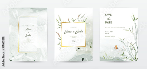 Set of watercolor leaves wedding invitation template cards