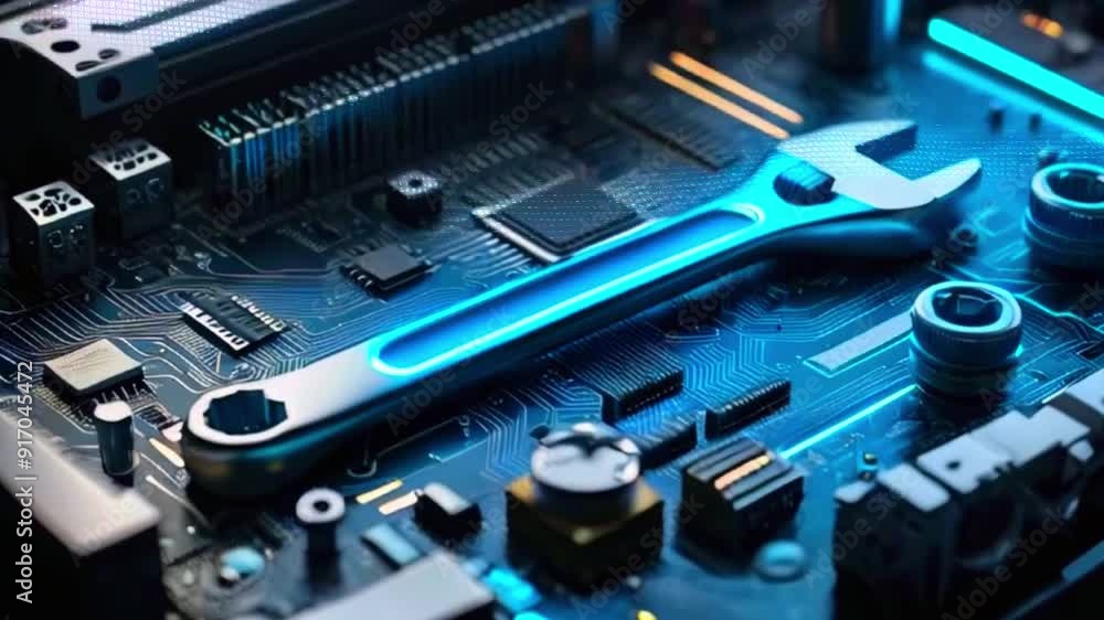 A wrench lays across a computer motherboard, a symbol of repair and maintenance. A wrench lays across a computer motherboard, a symbol of repair and maintenance.