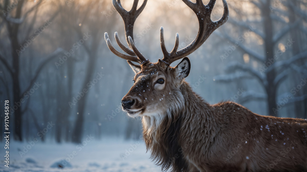 Naklejka premium Cervo maschio in una foresta innevata in inverno