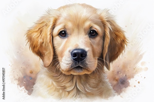 Whimsical watercolor portrait of an adorable golden retriever puppy, soft brushstrokes and gentle colors, isolated on a transparent white background, exuding warmth and innocence. photo