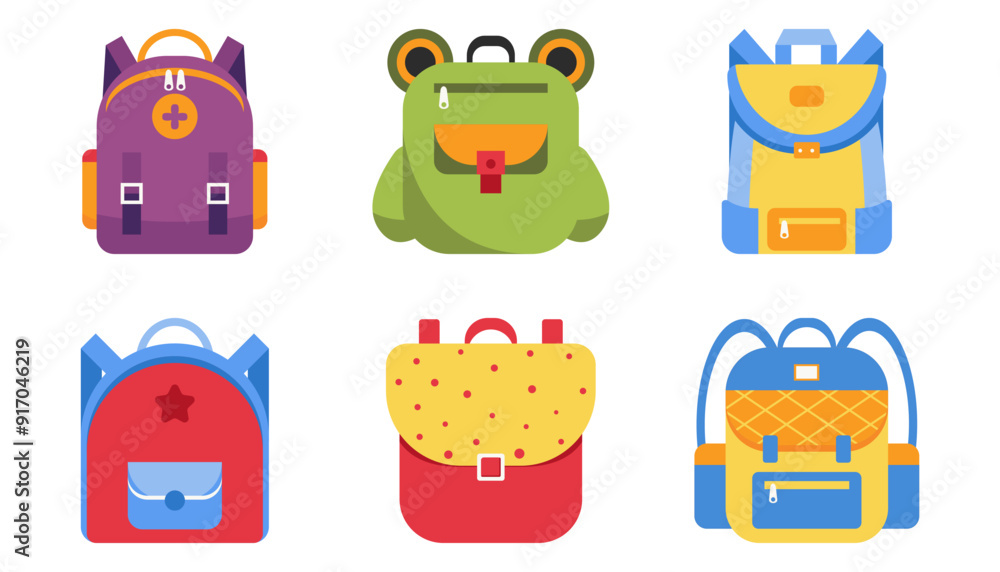 Set of school bags in different shape and color. Collection of cute backpack for children. Back to school. Hand drawn vector illustration isolated on white background in Modern flat style Set of school bags in different shape and color. Collection of cute backpack for children. Back to school. Hand drawn vector illustration isolated on white background in Modern flat style