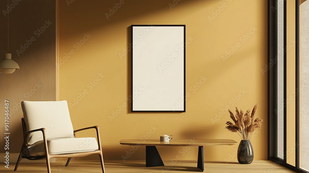 Modern living room interior with a dining table, armchair, and a blank poster frame on the wall, featuring beige walls, wooden furniture, and contemporary home decor. The minimalist design is highligh Modern living room interior with a dining table, armchair, and a blank poster frame on the wall, featuring beige walls, wooden furniture, and contemporary home decor. The minimalist design is highligh