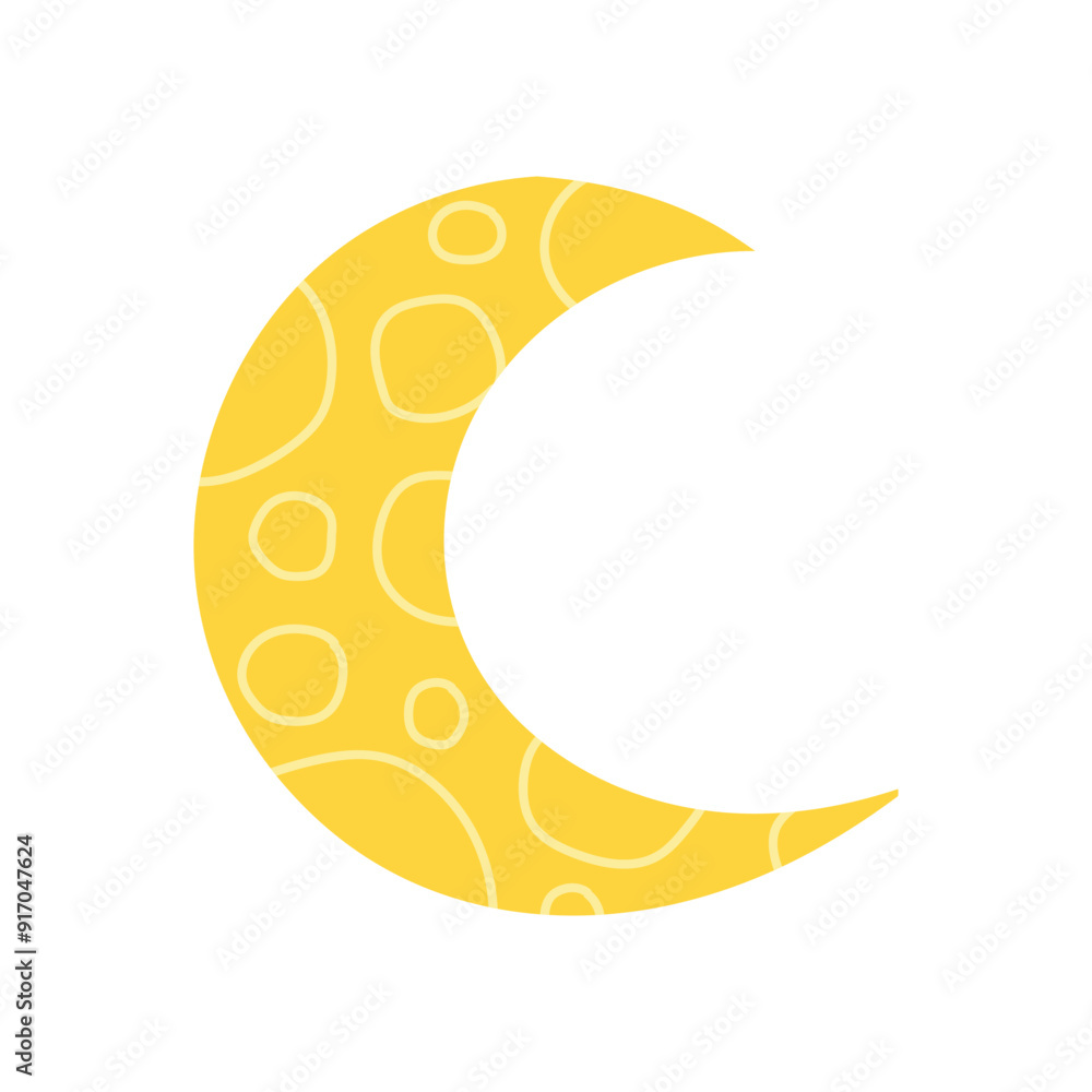 Fototapeta premium A whimsical yellow crescent moon with circular patterns on its surface, set against a white background. The simple, cartoon-style design exudes a playful and charming nighttime theme.