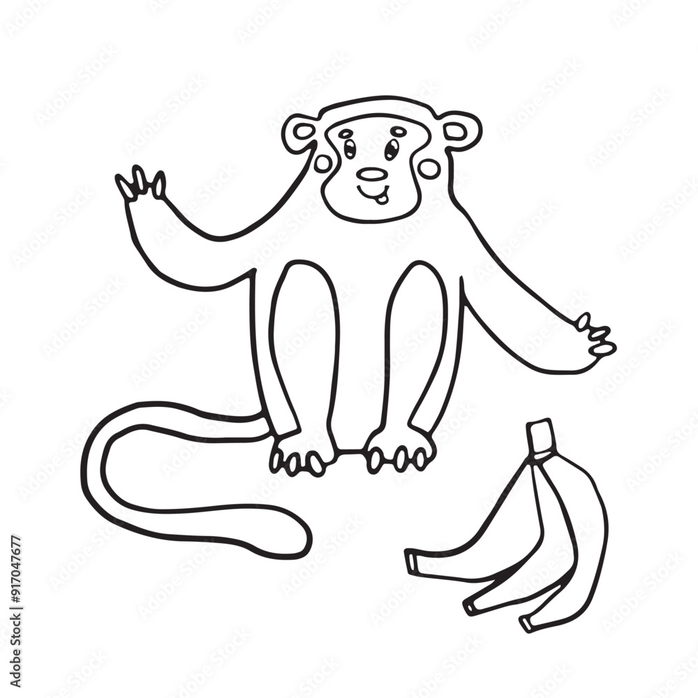 Fototapeta premium A playful black and white illustration of a cute monkey with a banana peel nearby. The monkey is shown sitting with a friendly expression, perfect for children's coloring pages or educational material