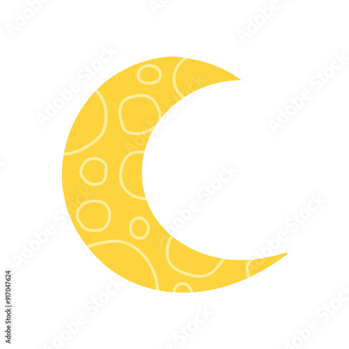 A whimsical yellow crescent moon with circular patterns on its surface, set against a white background. The simple, cartoon-style design exudes a playful and charming nighttime theme.