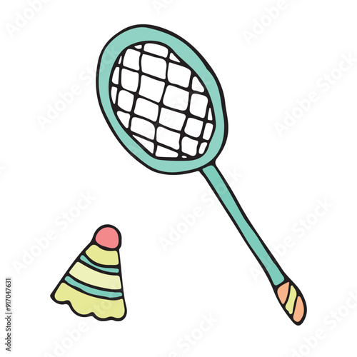  Hand-drawn illustration of a badminton racket and shuttlecock. Perfect for outdoor sports, summer activities, and fitness articles focusing on family recreation and leisure games.