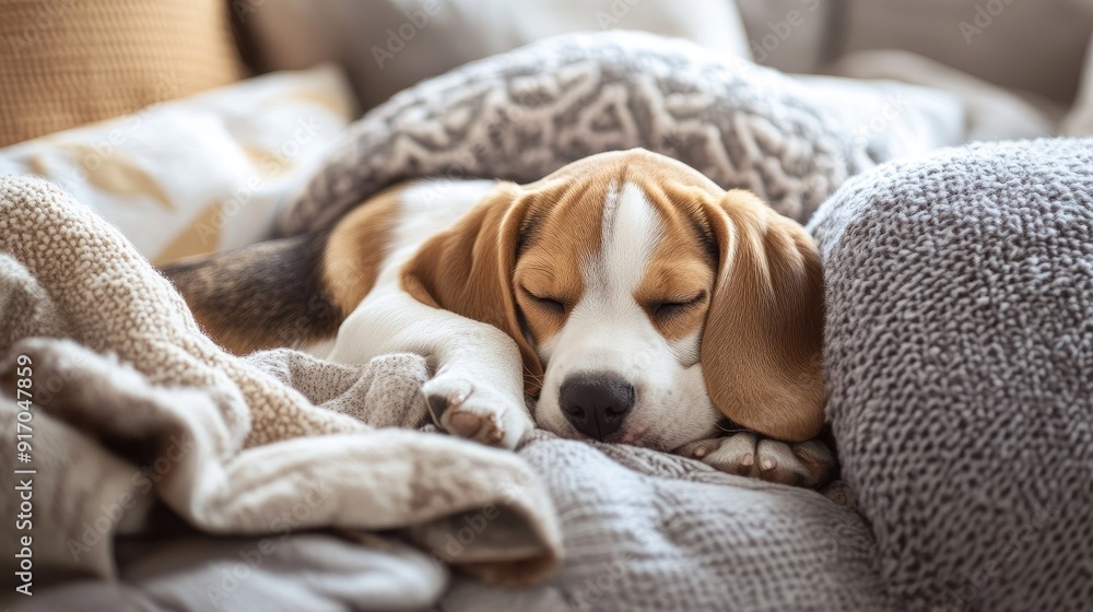 Adorable Beagle puppy curled up in a soft bed, surrounded by pillows and blankets, enjoying a peaceful nap Adorable Beagle puppy curled up in a soft bed, surrounded by pillows and blankets, enjoying a peaceful nap