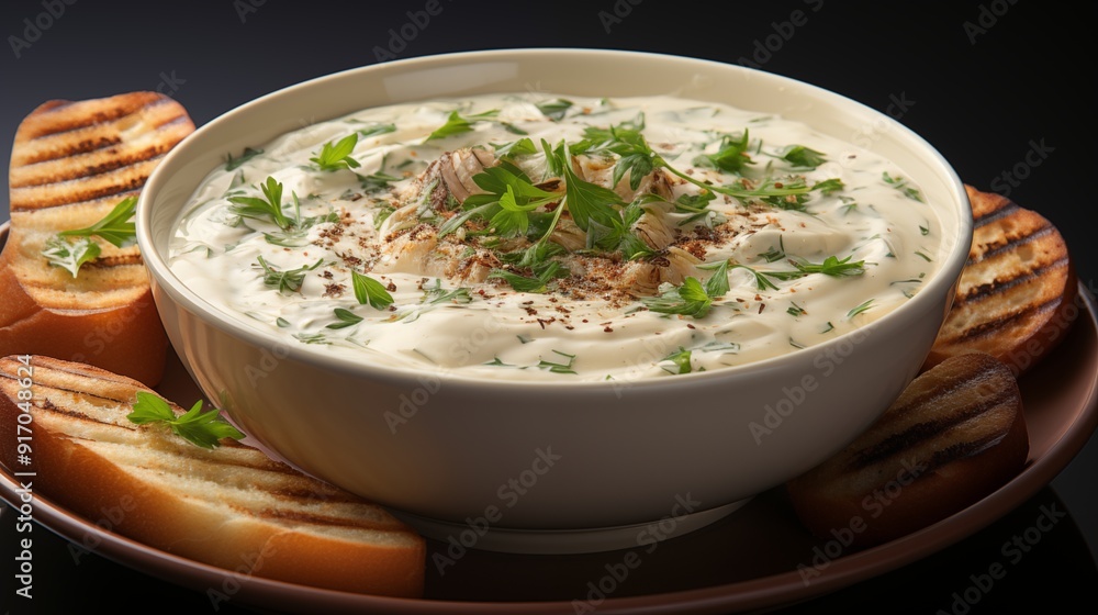 Clam chowder, captured up close with creamy textures, front view from above, studio lighting, white background. Clam chowder, captured up close with creamy textures, front view from above, studio lighting, white background.