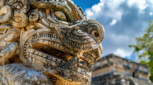 A close-up of the jaguar sculpture at Chichen