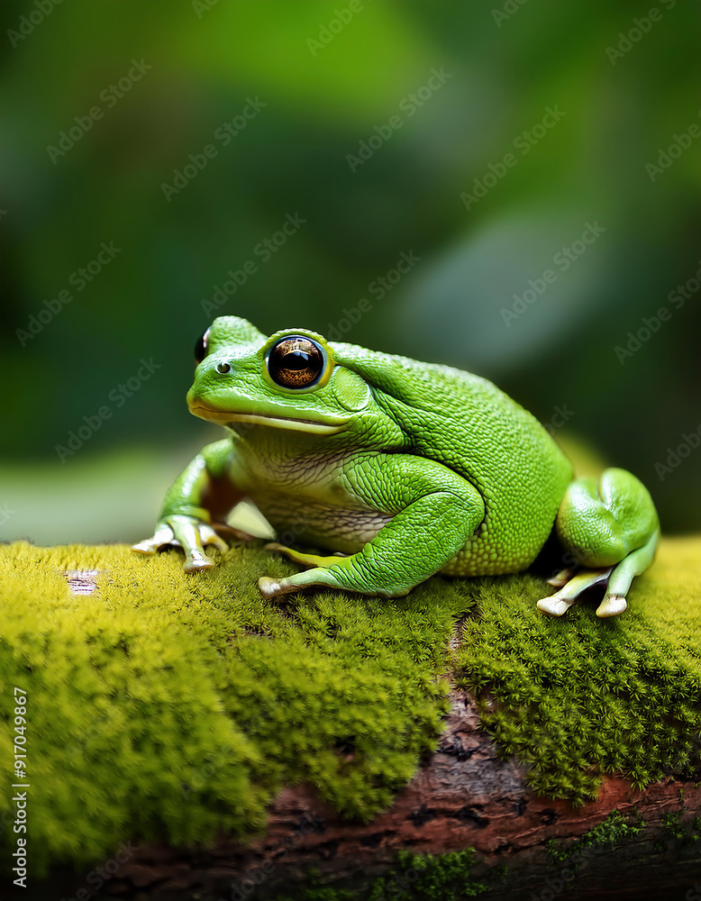 Naklejka premium Boophis viridis- Green toad on tree branch against blurred nature background