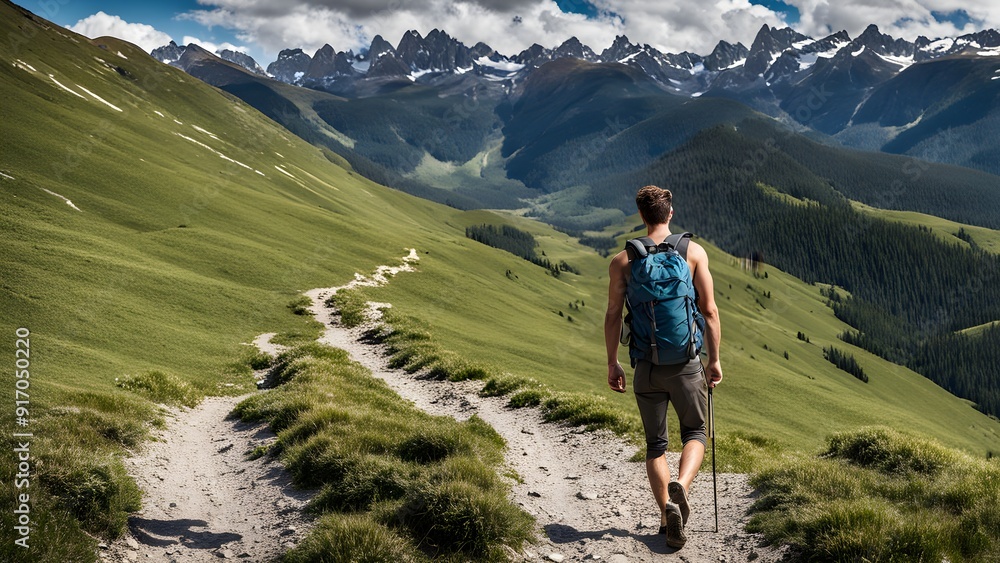 hiker walking to mountains hiker walking to mountains
