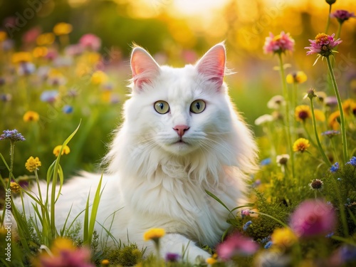 A serene white Norwegian forest cat lies amidst a vibrant flower field, surrounded by blooming wildflowers, with a peaceful and idyllic summer atmosphere. photo