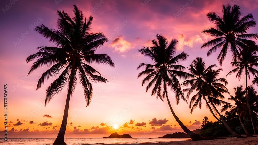 Gorgeous tropical sunset over beach with palm tree silhouettes Gorgeous tropical sunset over beach with palm tree silhouettes