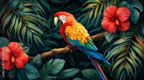 Watercolor jungle pattern, diverse tropical plants, green leaves, exotic animals like parrots and monkeys, earthy tones, seamless design, intricate details, vibrant and natural, hd quality,