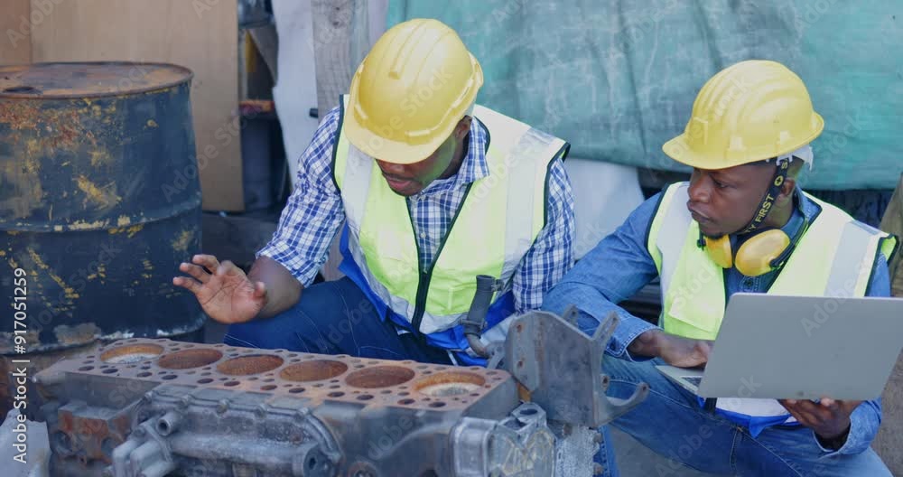 Factory engineers African American and construction crews are checking the factory equipment to make sure it is in good condition. Inspectors use technology to inspect via laptops. Concept Teamwork Factory engineers African American and construction crews are checking the factory equipment to make sure it is in good condition. Inspectors use technology to inspect via laptops. Concept Teamwork