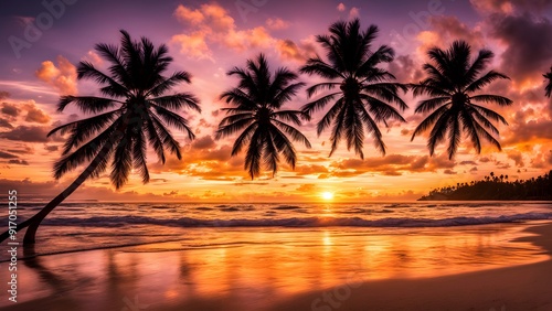 Gorgeous tropical sunset over beach with palm tree silhouettes
