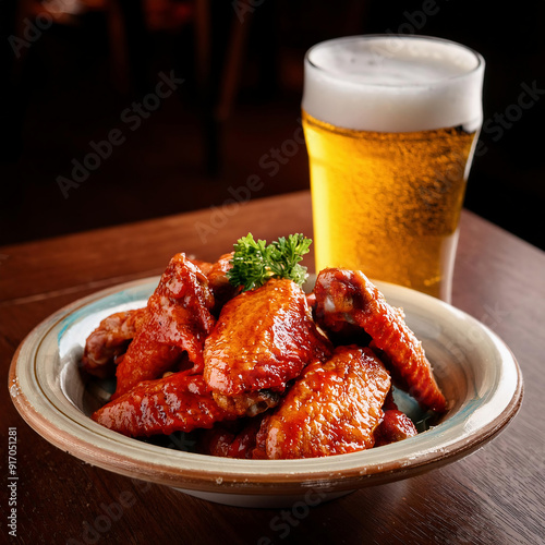 buffalo chicken wings with pepper sauce served with a glass of beer on table in dim lit restaurant  photo