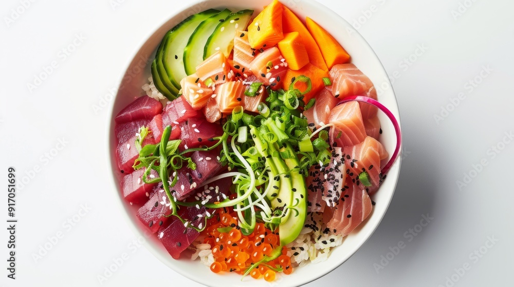 A colorful poke bowl with a base of brown rice, topped with fresh vegetables, avocado, and seared tuna, garnished with sesame seeds. A colorful poke bowl with a base of brown rice, topped with fresh vegetables, avocado, and seared tuna, garnished with sesame seeds.