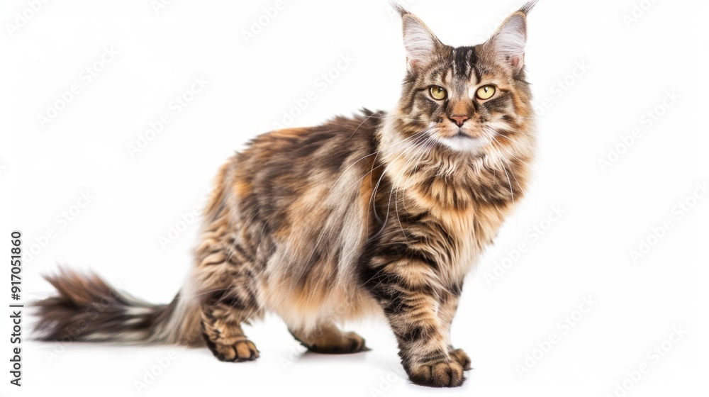 Fototapeta premium A cool Maine Coon cat with tufted ears and a luxurious mane, standing proudly against a white background. 