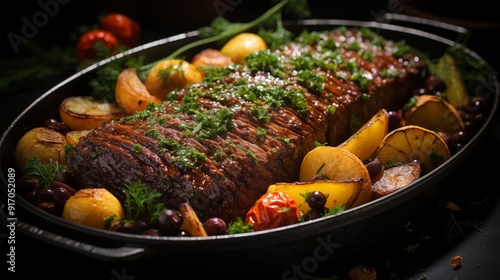 Close-up of pot roast, delicious textures captured, front view from above, studio lighting, white background.