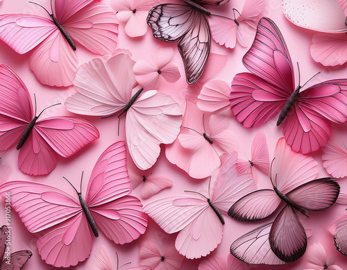 Abstract paper craft pink butterflies on pink background