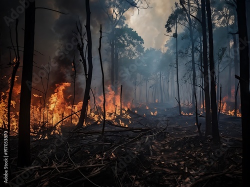 Forest Fire Burning Through Tall Trees