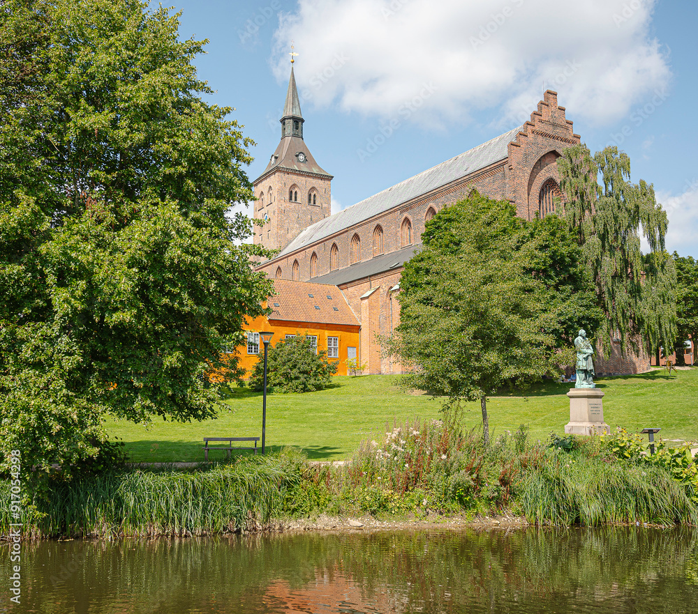 Odense Cathedral in the green park