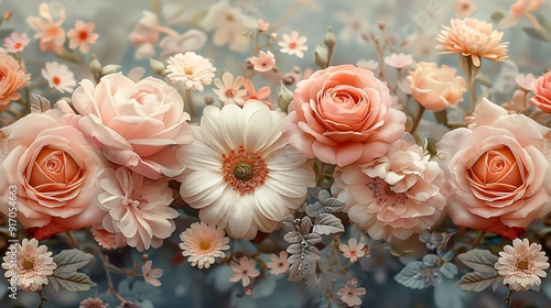 Fototapeta Naklejka Na Ścianę i Meble -  Watercolor vintage floral pattern, roses, peonies, and daisies, soft pastel colors, muted tones, detailed petals and leaves, seamless and elegant, hd quality, natural look. 