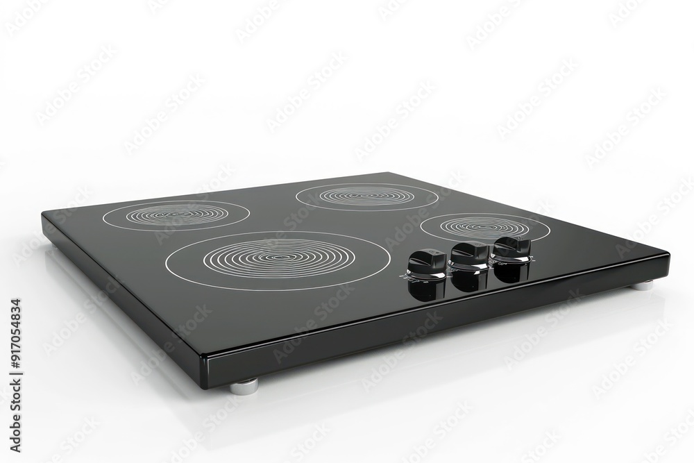 Modern black electric stovetop with four burners and chrome knobs. Modern black electric stovetop with four burners and chrome knobs.