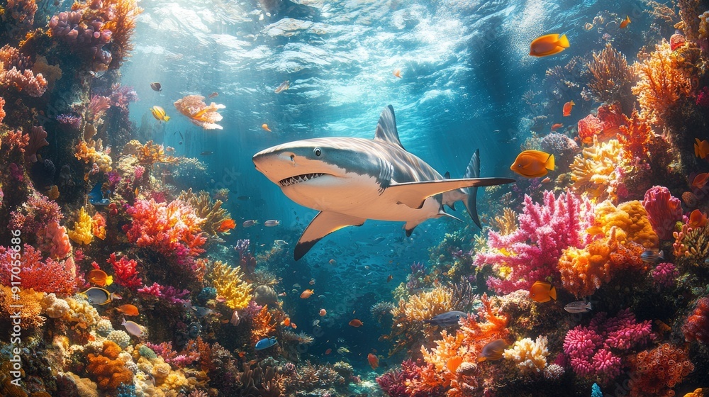 Fototapeta premium Vibrant reef shark weaving through a coral garden, surrounded by colorful fish, sea sponges, and delicate soft corals thriving in the clear blue waters