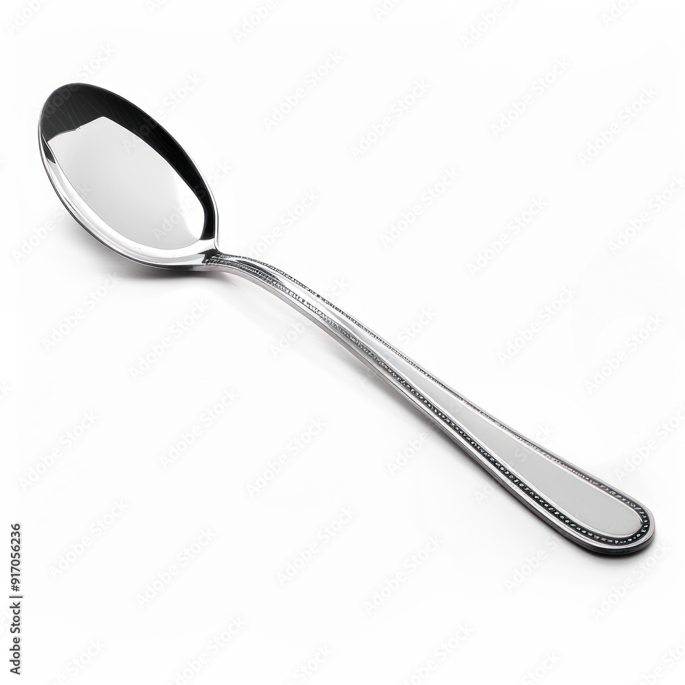 Shiny Silver Spoon with Decorative Design on a White Background. Shiny Silver Spoon with Decorative Design on a White Background.