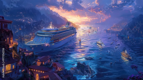 Depict a cruise ship setting sail from a picturesque port at twilight, with the lights of the city fading in the background