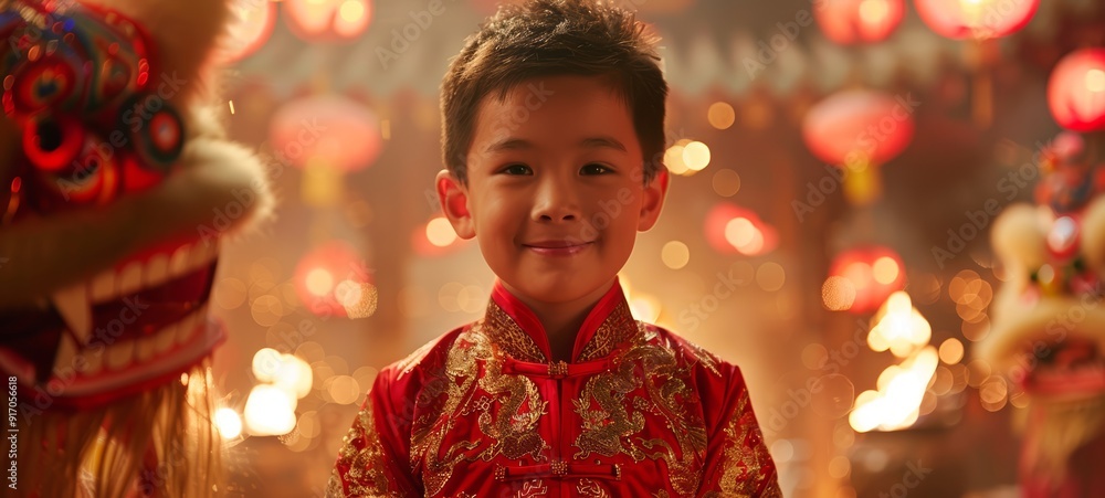 Chinese New Year. A young boy in a red traditional Chinese outfit. He is at a festive event with dragon decorations and lanterns. Great for themes related to cultural festivals or childhood joy. Chinese New Year. A young boy in a red traditional Chinese outfit. He is at a festive event with dragon decorations and lanterns. Great for themes related to cultural festivals or childhood joy.