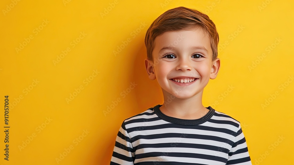 Happy child boy with a wide grin, wearing a striped shirt, standing against a bright yellow background Happy child boy with a wide grin, wearing a striped shirt, standing against a bright yellow background