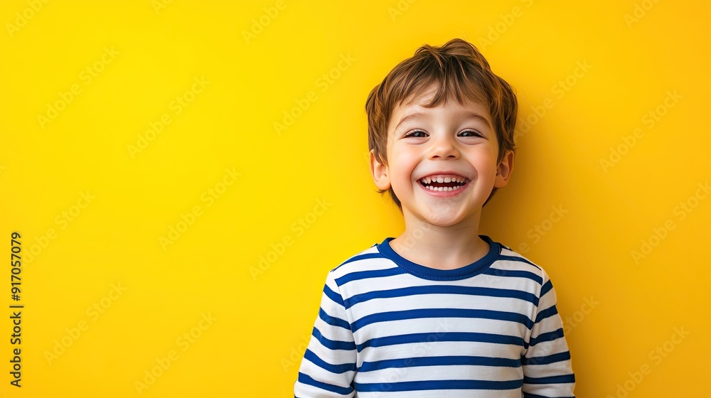 Happy child boy with a wide grin, wearing a striped shirt, standing against a bright yellow background Happy child boy with a wide grin, wearing a striped shirt, standing against a bright yellow background