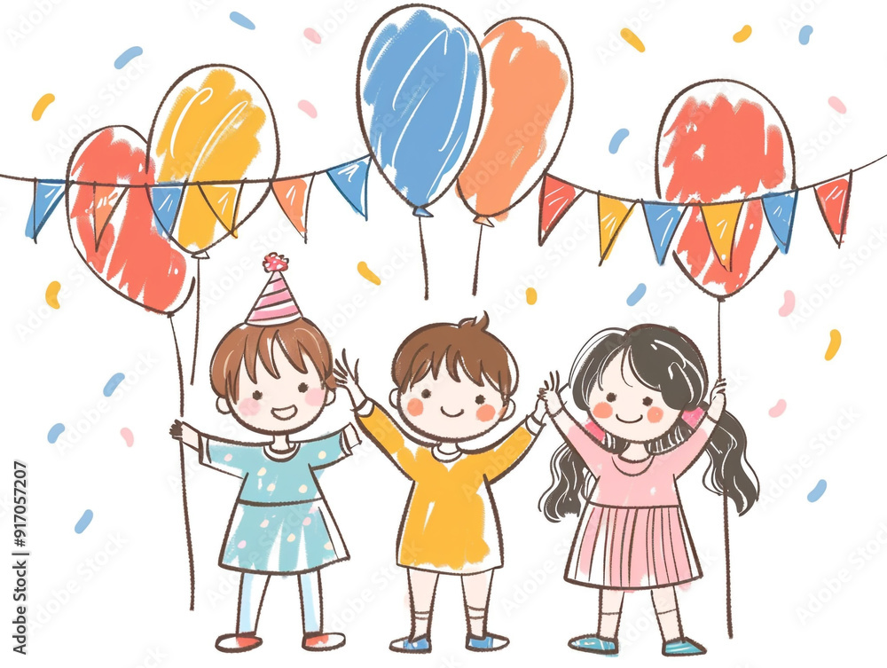 A group of children are celebrating a birthday party with balloons and streamers. Creating a joyful and festive atmosphere. Children hand drawing style on a white background. A group of children are celebrating a birthday party with balloons and streamers. Creating a joyful and festive atmosphere. Children hand drawing style on a white background.