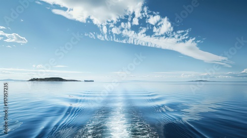 Depict a ferry sailing through calm waters on a clear day, with a distant island visible