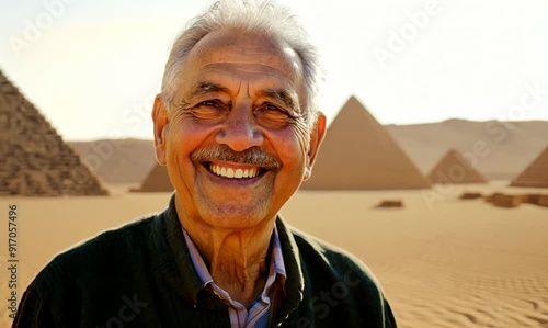 Portrait of smiling senior man in front of giza pyramids