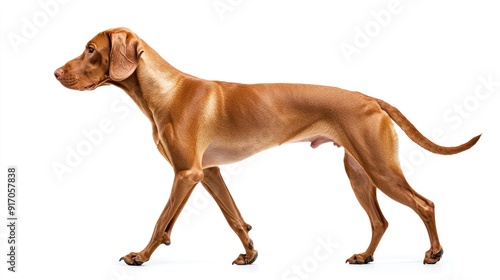 Hungarian Vizsla dog walking sideways in a studio, isolated on white, capturing its balanced and purposeful gaitv