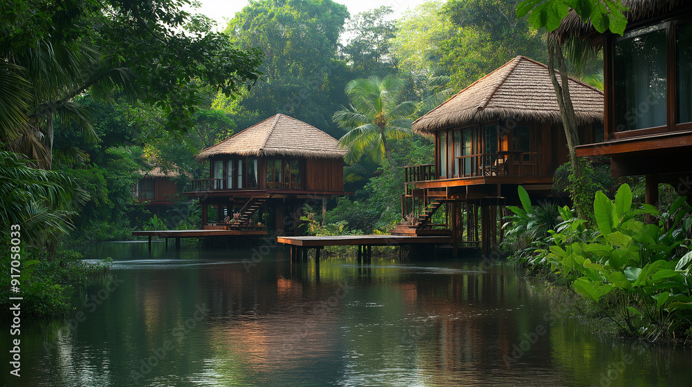 A traditional Thai house built on stilts surrounded by lush vegetation, possibly by a body of water, is designed to blend in with nature, using natural materials such as wood and straw. A traditional Thai house built on stilts surrounded by lush vegetation, possibly by a body of water, is designed to blend in with nature, using natural materials such as wood and straw.