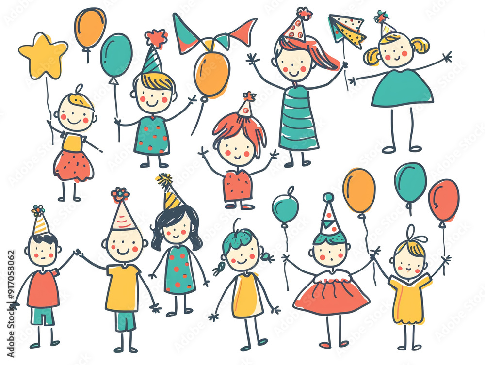 A group of children are celebrating a birthday party with balloons and streamers. Creating a joyful and festive atmosphere. Children hand drawing style on a white background. A group of children are celebrating a birthday party with balloons and streamers. Creating a joyful and festive atmosphere. Children hand drawing style on a white background.