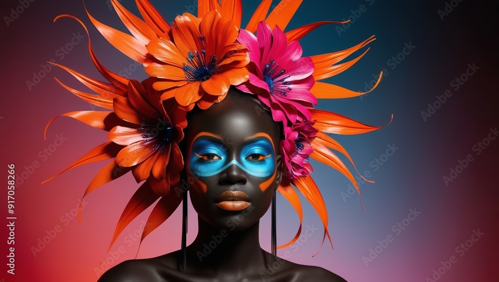 A model showcases bold facial artistry and vivid floral elements, exuding confidence in a captivating artistic display A model showcases bold facial artistry and vivid floral elements, exuding confidence in a captivating artistic display