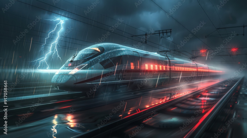 Depict a high-speed train on a stormy night, with lightning illuminating the dark sky.