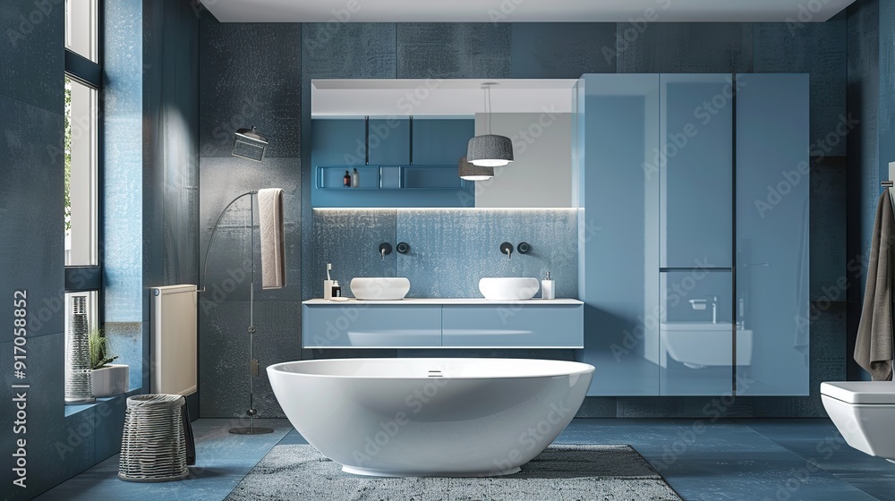 Fototapeta premium bathroom with modern design and furniture, colored in blue