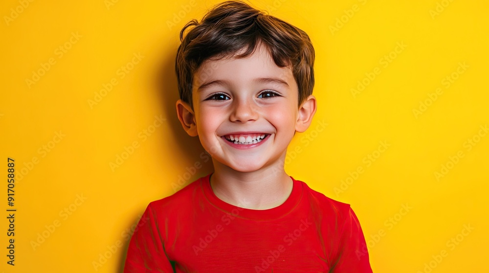 Playful child boy with a beaming smile, wearing a red shirt, standing against a vibrant yellow background Playful child boy with a beaming smile, wearing a red shirt, standing against a vibrant yellow background