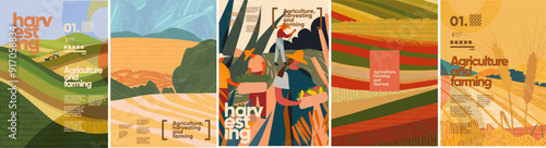 Harvest, farming and agriculture. Vector illustration of farmers people harvesting, wheat field, planting hills, landscape, farm and tractor for poster, background, flyer or brochure cover
