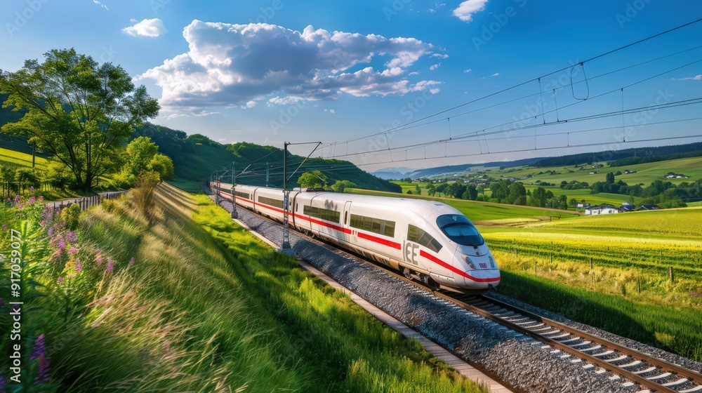 Fototapeta premium Depict a high-speed train zooming through a picturesque countryside, with lush green fields and clear blue skies.