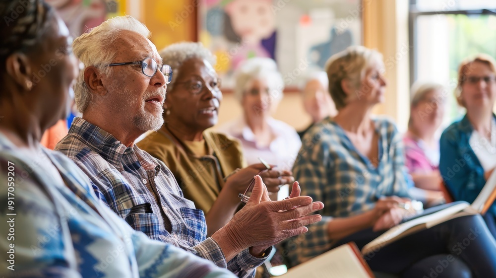 Diverse group of senior people attending a class or conference and listening to a presentation Diverse group of senior people attending a class or conference and listening to a presentation
