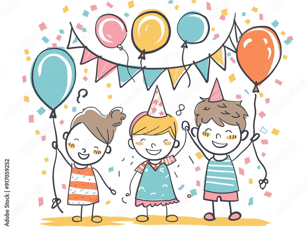 A group of children are celebrating a birthday party with balloons and streamers. Creating a joyful and festive atmosphere. Children hand drawing style on a white background. A group of children are celebrating a birthday party with balloons and streamers. Creating a joyful and festive atmosphere. Children hand drawing style on a white background.